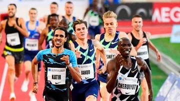 El keniano Timothy Cheruiyot, el noruego Jakob Ingebrigtsen y el español Mohamed Katir compiten en la prueba de 1.500 metros en la Diamond League de Mónaco