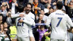 Los jugadores del Real Madrid celebran el gol de Morata. 