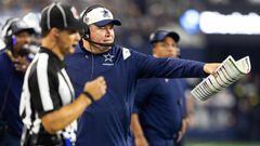Dallas Cowboys head coach Mike McCarthy talks to a referee during the first half against the Tampa Bay Buccaneers on Sunday, Sept. 11, 2022, at AT&amp;T Stadium in Arlington, Texas. (Yffy Yossifor/Fort Worth Star-Telegram/Tribune News Service via Getty Images)