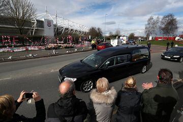 The funeral cortege of former England World Cup winning goalkeeper Gordon Banks passes the stadium.