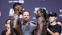 LAS VEGAS, NEVADA - JULY 01: Opponents Israel Adesanya of Nigeria and Jared Cannonier face off during the UFC 276 ceremonial weigh-in at T-Mobile Arena on July 01, 2022 in Las Vegas, Nevada. (Photo by Carmen Mandato/Getty Images)