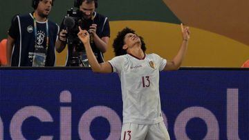Venezuela's midfielder Eduard Bello celebrates after scoring during the 2026 FIFA World Cup South American qualification football match between Brazil and Venezuela at the Arena Pantanal stadium in Cuiaba, Mato Grosso State, Brazil, on October 12, 2023. (Photo by NELSON ALMEIDA / AFP)