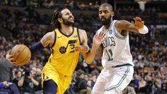 Dec 15, 2017; Boston, MA, USA; Utah Jazz guard Ricky Rubio (3) drives the ball against Boston Celtics guard Kyrie Irving (11) in the second half at TD Garden. The Jazz defeated the Boston Celtics 107-95. Mandatory Credit: David Butler II-USA TODAY Sports