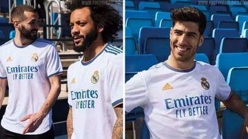 Benzema, Marcelo y Asensio, en las gradas del Alfredo Di St&eacute;fano con la camiseta del Real Madrid para la temporada 2021-2022.