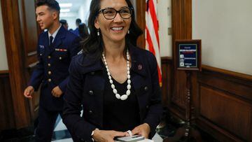Representative Nancy Peltola, the first Alaska Native to serve in Congress, smiles following her ceremonial swearing in at the United States Capitol in Washington.