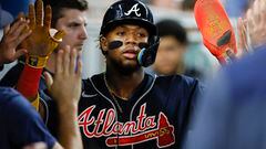 May 3, 2023; Miami, Florida, USA; Atlanta Braves right fielder Ronald Acuna Jr. (13) celebrates scoring after an RBI double from second baseman Ozzie Albies (not pictured) during the second inning against the Miami Marlins at loanDepot Park. Mandatory Credit: Sam Navarro-USA TODAY Sports