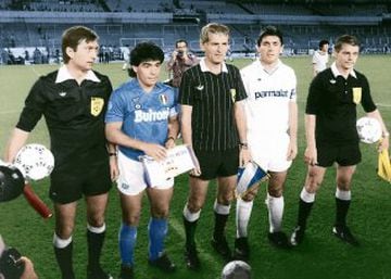 Maradona captains Napoli in a behind-closed-doors European Cup match against Real Madrid in September 1987.