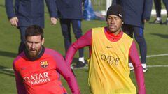 Neymar y Messi, durante un entrenamiento del Barcelona.