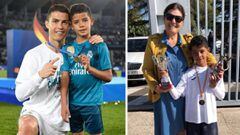 Cristiano Ronaldo posando con su hijo mayor con la medalla de campe&oacute;n del Mundialito de Clubes y Cristiano Jr. con su abuela, Dolores Aveiro, y sus trofeos.
