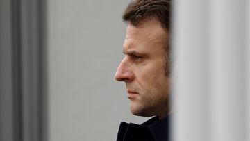 French President Emmanuel Macron attends a ceremony in tribute to French GIGN gendarme Marechal des Logis-Chef Arnaud Blanc, who was killed in an operation against illegal gold mining in French Guiana, at the French National Gendarmerie Intervention Group (GIGN) base of Versailles-Satory in Versailles, west of Paris, on March 31, 2023. The 35-year-old elite gendarmerie sub-officer was killed in the French overseas territory in South America on March 25, 2023, after being shot by an armed group during the operation. Ludovic Marin/Pool via REUTERS