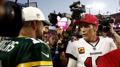 TAMPA, FLORIDA - SEPTEMBER 25: Aaron Rodgers #12 of the Green Bay Packers talks with Tom Brady #12 of the Tampa Bay Buccaneers after the game at Raymond James Stadium on September 25, 2022 in Tampa, Florida. The Packers defeated the Buccaneers with a score of 14 to 12.   Douglas P. DeFelice/Getty Images/AFP