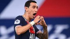 Paris Saint-Germain&#039;s Argentinian midfielder Angel Di Maria celebrates after scoring a goal during the French L1 football match between Paris Saint-Germain and Nimes Olympique at the Parc des Princes stadium in Paris on February 3, 2020. (Photo by FR