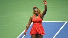 Sep 1, 2020; Flushing Meadows, New York, USA; Serena Williams of the United States celebrates at the net following her match against Kristie Ahn of the United States on day two of the 2020 U.S. Open tennis tournament at USTA Billie Jean King National Tennis Center. Mandatory Credit: Robert Deutsch-USA TODAY Sports