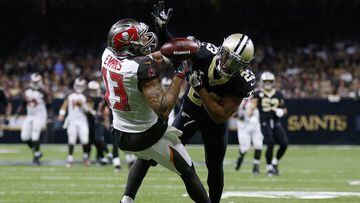 NEW ORLEANS, LA - NOVEMBER 05: Marshon Lattimore #23 of the New Orleans Saints breaks up a pass intended for Mike Evans #13 of the Tampa Bay Buccaneers during the second half of a game at Mercedes-Benz Superdome on November 5, 2017 in New Orleans, Louisiana.   Jonathan Bachman/Getty Images/AFP == FOR NEWSPAPERS, INTERNET, TELCOS &amp; TELEVISION USE ONLY ==