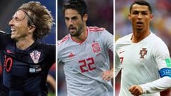 Los jugadores del Real Madrid, Luka Modric (Croacia), Isco (Espa&ntilde;a) y Cristiano Ronaldo (Portugal).
