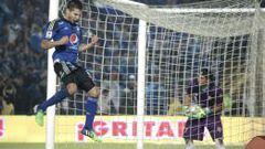 Jonathan Agudelo celebra uno de los goles marcados en la victoria 2-0 de Millonarios sobre Patriotas. 