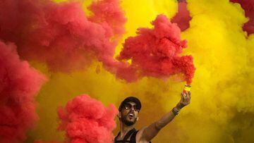 A Esperance&#039;s supporter celebrates a goal during the CAF champion league final 2019 1st leg football match between Morocco&#039;s Wydad Athletic Club and Tunisia&#039;s Esperance sportive de Tunis in Rabat on May 24, 2019. (Photo by FADEL SENNA / AFP