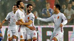 Spain&#039;s midfielder Asier Illarramendi celebrates his goal with teammates Aritz Aduriz and Jose Callejon during the Russia 2018 FIFA World Cup European Group G qualifying match against Israel.