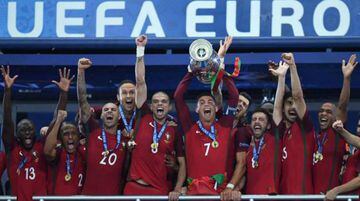 Cristiano lifts the Henri Delaunay Trophy after Portugal's Euro 2016 final win over France.