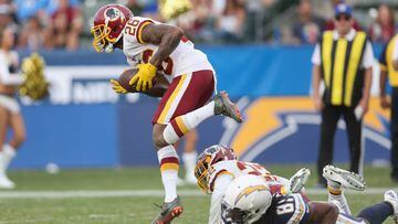 CARSON, CA - DECEMBER 10: Cornerback Bashaud Breeland #26 of the Washington Redskins takes off on a 96 yard return for a touchdown after his interception in the fourth quarter against the Los Angeles Chargers on December 10, 2017 at StubHub Center in Cars