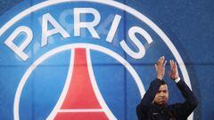 (FILES) Paris Saint-Germain's French forward #07 Kylian Mbappe reacts