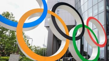 17 June 2021, Japan, Tokyo: A general view of an Olympic Rings installation in front of the Japan Olympic Museum. Japan will end a state of emergency for Tokyo on Sunday but some coronavirus-related restrictions will remain in place, the government of Pri