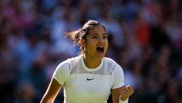 LONDON, ENGLAND - JUNE 27: Emma Raducanu of Great Britain celebrates against Alison Van Uytvanck of Belgium during Day One of The Championships Wimbledon 2022 at All England Lawn Tennis and Croquet Club on June 27, 2022 in London, England. (Photo by Frey/TPN/Getty Images)
