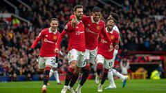 MANCHESTER, ENGLAND - FEBRUARY 04:  Bruno Fernandes of Manchester United celebrates scoring a goal to make the score 1-0 with his team-mates during the Premier League match between Manchester United and Crystal Palace at Old Trafford on February 4, 2023 in Manchester, United Kingdom. (Photo by Ash Donelon/Manchester United via Getty Images)