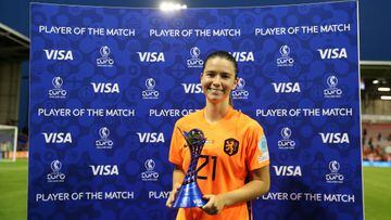LEIGH, ENGLAND - JULY 13: Damaris Egurrola of The Netherlands is presented with the VISA Player Of The Match Award after their sides victory during the UEFA Women's Euro 2022 group C match between Netherlands and Portugal at Leigh Sports Village on July 13, 2022 in Leigh, England. (Photo by Jan Kruger - UEFA/UEFA via Getty Images)