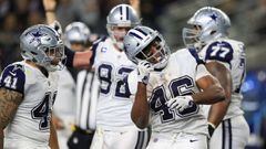 ARLINGTON, TX - NOVEMBER 30: Alfred Morris #46 of the Dallas Cowboys celebrates a fourth quarter rushing touchdown against the Washington Redskins at AT&amp;T Stadium on November 30, 2017 in Arlington, Texas.   Ronald Martinez/Getty Images/AFP == FOR NEWSPAPERS, INTERNET, TELCOS &amp; TELEVISION USE ONLY ==