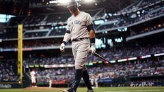 ARLINGTON, TEXAS - APRIL 27: Aaron Judge #99 of the New York Yankees reacts after striking out against the Texas Rangers in the top of the second inning at Globe Life Field on April 27, 2023 in Arlington, Texas.   Tom Pennington/Getty Images/AFP (Photo by TOM PENNINGTON / GETTY IMAGES NORTH AMERICA / Getty Images via AFP)
