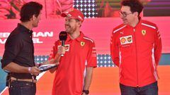 Mark Webber, Sebastian Vettel y Mattia Binotto, jefe de Ferrari en Australia 2019. 