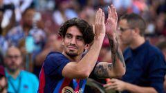 BARCELONA, SPAIN - AUGUST 07: Alex Collado of FC Barcelona acknowledges the supporters prior to the Joan Gamper Trophy match between FC Barcelona and Pumas UNAM at Spotify Camp Nou on August 07, 2022 in Barcelona, Spain. (Photo by Alex Caparros/Getty Images)