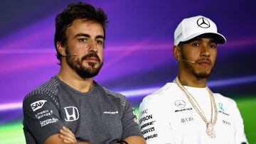 MELBOURNE, AUSTRALIA - MARCH 23: Fernando Alonso of Spain and McLaren Honda and Lewis Hamilton of Great Britain and Mercedes GP in the Drivers Press Conference during previews to the Australian Formula One Grand Prix at Albert Park on March 23, 2017 in Melbourne, Australia.  (Photo by Clive Mason/Getty Images)
