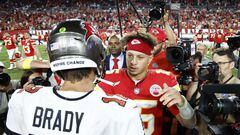 TAMPA, FLORIDA - OCTOBER 02: Patrick Mahomes #15 of the Kansas City Chiefs shakes hands with Tom Brady #12 of the Tampa Bay Buccaneers after defeating the Tampa Bay Buccaneers 41-31 at Raymond James Stadium on October 02, 2022 in Tampa, Florida.   Douglas P. DeFelice/Getty Images/AFP