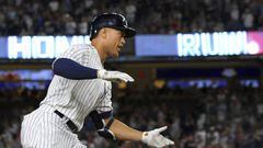 New York Yankees&#039; Giancarlo Stanton rounds third base after he hit a two-run home run during the third inning against the Detroit Tigers in a baseball game Thursday, Aug. 30, 2018, at Yankee Stadium in New York. It was Stanton&#039;s 300th career home run. (AP Photo/Rich Schultz)
