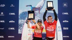 AIN DIAB,CASABLANCA, MOROCCO - MAY 8:  Podium with Janire Gonzalez Etxabarri and Bitor Garitaonandia of Spain  at the Junior Pro Morocco Mall at May 8, 2022 in Ain Diab, Casablanca, Morocco.(Photo by Laurent Masurel/World Surf League)