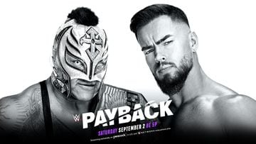 Esta es la imagen promocional de WWE Payback donde Rey Mysterio defiende el campeonato de los Estados Unidos contra Austin Theory.