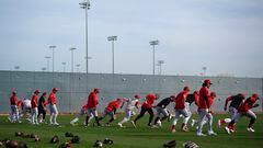 Feb 23, 2024; Goodyear, AZ, USA; The Cincinnati Reds run sprints during spring training workouts at Goodyear Ballpark. Mandatory Credit: Kareem Elgazzar-USA TODAY Sports