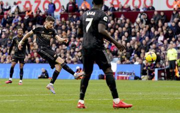 Jorginho of Arsenal scores the third goal during the Premier League soccer match against Aston Villa.