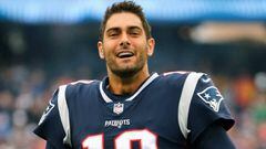 FOXBORO, MA - OCTOBER 29: Jimmy Garoppolo #10 of the New England Patriots reacts before a game against the Los Angeles Chargers at Gillette Stadium on October 29, 2017 in Foxboro, Massachusetts.   Jim Rogash/Getty Images/AFP == FOR NEWSPAPERS, INTERNET, TELCOS &amp; TELEVISION USE ONLY ==