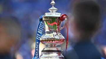 The FA Cup Trophy is displayed prior to the English FA Cup final football match between Chelsea and Liverpool, at Wembley stadium.