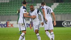 Tottenham&#039;s Brazilian forward Lucas Moura (C) celebrates with teammates after scoring a goal during the UEFA Europe League group stage football match between Ludogorets Razgrad and Tottenham Hotspur in Razgrad on November 5, 2020. (Photo by NIKOLAY D