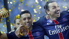 Zlatan Ibrahimovic and Marquinhos celebrate PSG&#039;s League Cup win. 