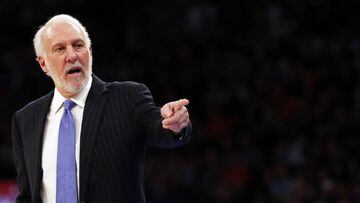 Jan 2, 2018; New York, NY, USA; San Antonio Spurs head coach Gregg Popovich directs his team against the New York Knicks during the first half at Madison Square Garden. Mandatory Credit: Adam Hunger-USA TODAY Sports