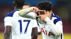 BURNLEY, ENGLAND - OCTOBER 26: Son Heung-Min of Tottenham Hotspur celebrates after scoring his team&#039;s first goal  during the Premier League match between Burnley and Tottenham Hotspur at Turf Moor on October 26, 2020 in Burnley, England. Sporting sta