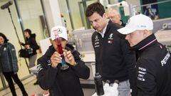 TURIN, ITALY - MARCH 14:  (L-R) Mercedes-AMG Petronas Motorsport driver Lewis Hamilton, Toto Wolff, Team Principal and CEO Mercedes-AMG Petronas Motorsport and Mercedes-AMG Petronas Motorsport driver Valtteri Bottas attend the PETRONAS Global Research and