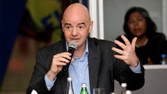 FIFA President Gianni Infantino gestures during a media roundtable in Doha, Qatar February 16, 2017. 