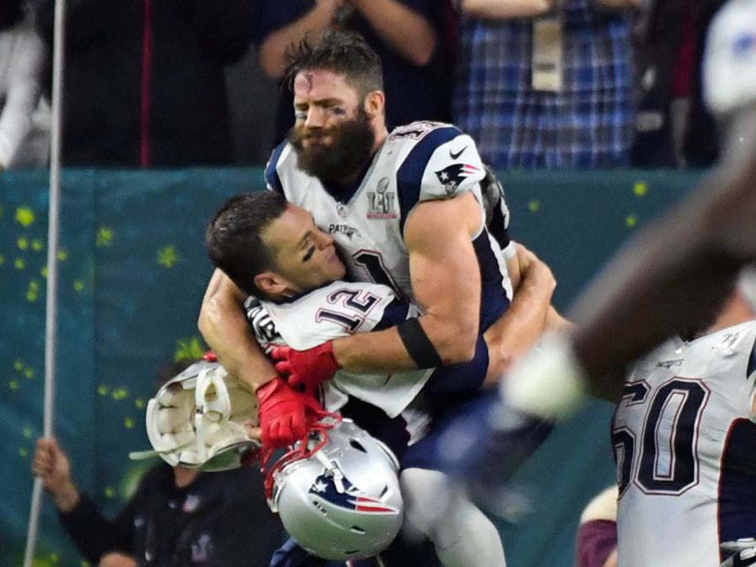 New England Patriots quarterback Tom Brady celebrates after Super Bowl LI  at NRG Stadium in Houston on February 5, 2017. The Patriots defeated the  Falcons 34-28 in the Super Bowl's first overtime