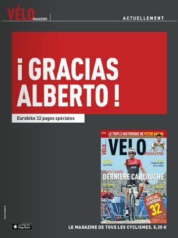 Publicidad de Vélo Magazine de su número de octubre con la frase "¡Gracias Alberto!" como homenaje a Alberto Contador.